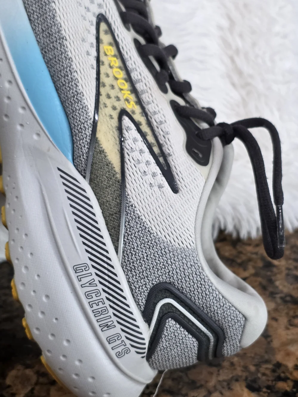 Brooks White & Gray Running Shoes with Blue & Yellow Accents